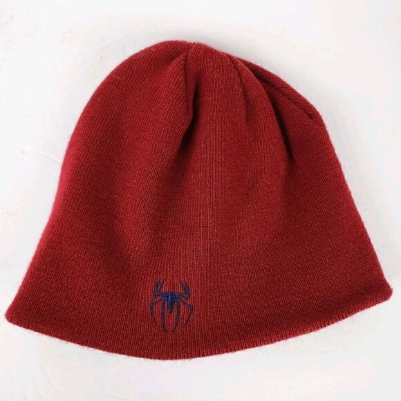 Marvel Spiderman Reversible Winter Beanie Hat Burgundy Red/Navy Striped One Size - Picture 5 of 7